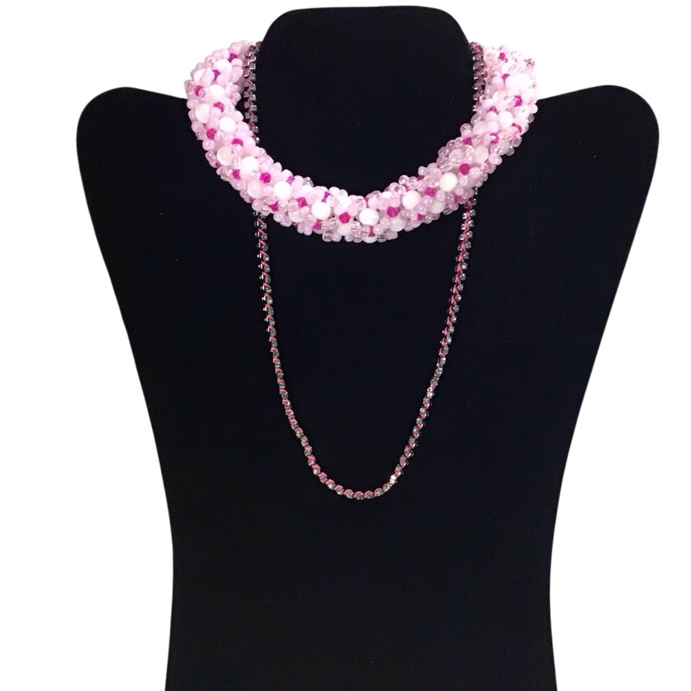 Layered Chunky Pink White Beaded Necklace Woven Choker Fashion Jewelry